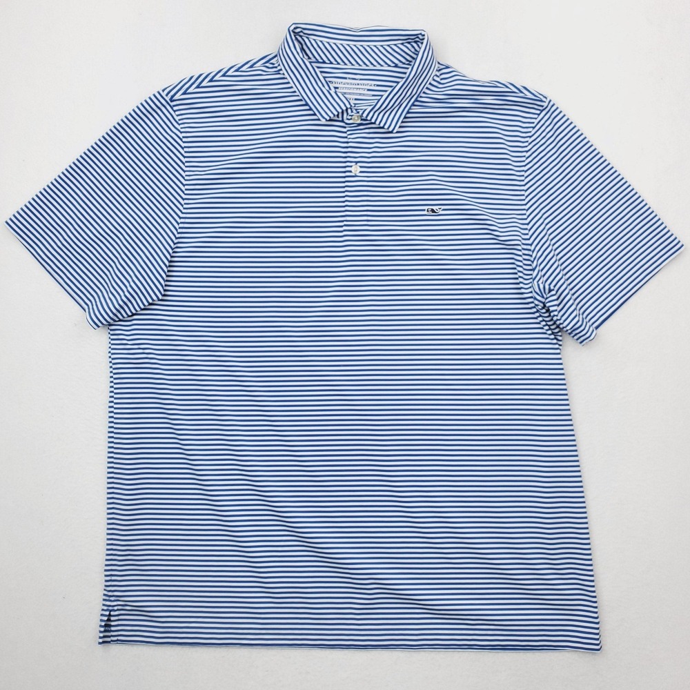 Vineyard Vines Polo Shirt Mens 2XL Blue White Striped Performance Golf Stretch